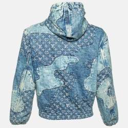 Pre Owned Louis Vuitton Blue Logo Jacquard Denim Hooded Zip-Up Jacket S