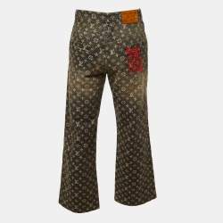 Pre Owned Louis Vuitton Grey Monogram Jacquard Denim Wide Leg Jeans S/Waist 30"