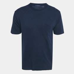 Pre Owned Louis Vuitton Navy Blue Damier Jersey Crewneck T-Shirt M