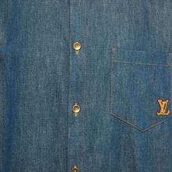 Pre Owned قميص لويس فيتون قماش دنيم أزرق تزيين LV كم قصير مقاس كبير