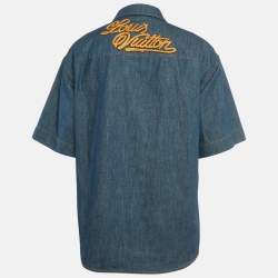 Pre Owned قميص لويس فيتون قماش دنيم أزرق تزيين LV كم قصير مقاس كبير