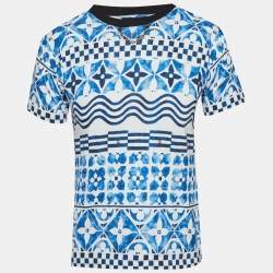Pre Owned Louis Vuitton Blue Printed Jersey Crew Neck T-Shirt S