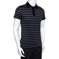 Louis Vuitton Navy Blue & Grey Striped Cotton Polo T-Shirt S