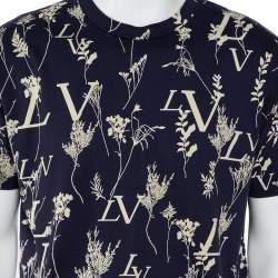 Pre Owned Louis Vuitton Navy Blue Leaf Discharge Printed Cotton Crewneck T-Shirt L