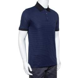 Pre Owned تي شيرت بولو لوي فيتون بيكيه رصاصي وأزرق نمط مخطط مقاس وسط (ميديوم)