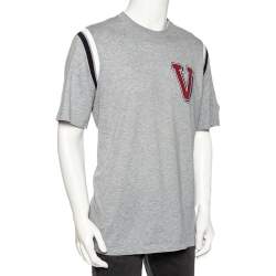 مملوكة مسبقًا تي شيرت لوي فيتون رقبة مستديرة تفاصيل تضليع مغاير قطن رمادي مقاس كبير جدا جدا