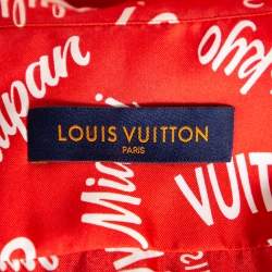 Pre Owned Louis Vuitton Red City Logo Printed Silk Hawaiian Shirt XXL