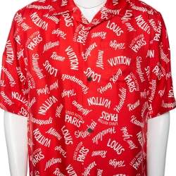 Pre Owned Louis Vuitton Red City Logo Printed Silk Hawaiian Shirt XXL