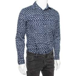 Pre Owned قميص لوي فيتون أزرار أمامية قطن طباعة شعار أزرق انديغو مقاس صغير