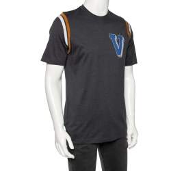 Pre Owned تي شيرت لوي فيتون رقبة مستديرة تفاصيل تضليع مغاير قطن رمادي مقاس كبير جدا جدا