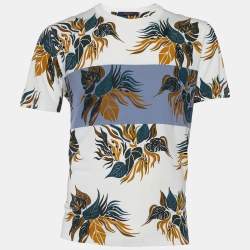 مملوكة مسبقًا Louis Vuitton White & Blue Paneled Jersey Leaf Print T-Shirt L