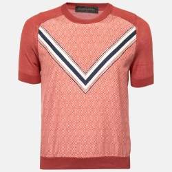 Pre Owned Louis Vuitton Rust Printed Silk & Cashmere Paneled Round Neck T-Shirt M