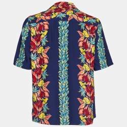 Louis Vuitton Navy Blue Tropical Logo Print Crepe Hawaiian Shirt L