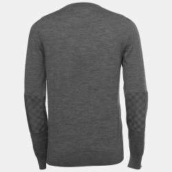 Pre Owned Louis Vuitton Grey Wool Knit Leather Trimmed Crew Neck Jumper S