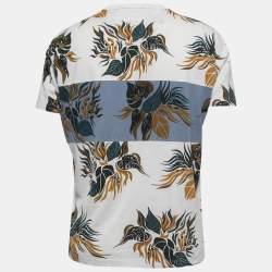 Pre Owned Louis Vuitton Off White/Blue Paneled Leaf Print Cotton Half Sleeve T-Shirt L