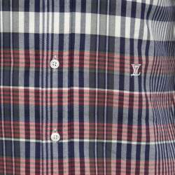 Pre Owned Louis Vuitton Navy Blue Plaid Cotton Button Front Full Sleeve Shirt XS