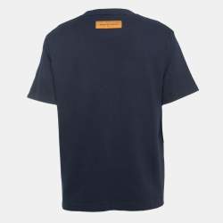 Pre Owned Louis Vuitton Navy Blue Logo Embroidered Cotton Crew Neck Half Sleeve T-Shirt L