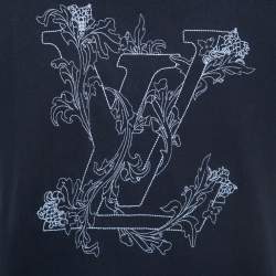 Pre Owned Louis Vuitton Navy Blue Logo Embroidered Cotton Crew Neck Half Sleeve T-Shirt L