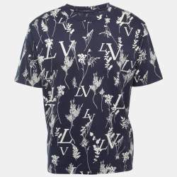 Louis Vuitton Navy Blue Logo Leaf Print Cotton Crew Neck Half Sleeve T-Shirt XL