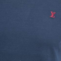Pre Owned Louis Vuitton Navy Blue Logo Embroidered Cotton Crew Neck Half Sleeve T-Shirt S
