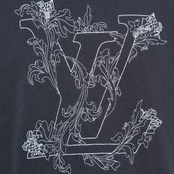 Pre Owned Louis Vuitton Navy Blue Logo Embroidered Cotton Crew Neck Half Sleeve T-Shirt XS