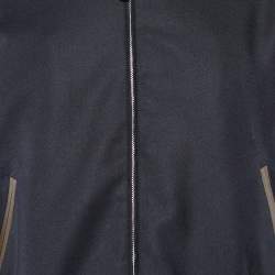 Pre Owned Louis Vuitton Navy Blue Wool  & Contrast Leather Sleeve Detail Bomber Jacket S