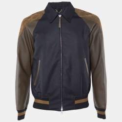 Pre Owned Louis Vuitton Navy Blue Wool  & Contrast Leather Sleeve Detail Bomber Jacket S