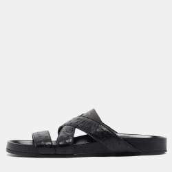 Louis Vuitton Black Ostrich Leather Flat Slides Size 42.5