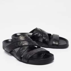 Louis Vuitton Black Ostrich Leather Flat Slides Size 42.5