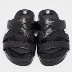 Louis Vuitton Black Ostrich Leather Flat Slides Size 42.5