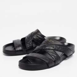 Louis Vuitton Black Ostrich Leather Flat Slides Size 42.5