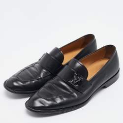 Pre Owned Louis Vuitton Black Leather Logo Slip On Loafers Size 42