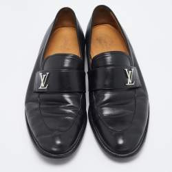 Pre Owned Louis Vuitton Black Leather Logo Slip On Loafers Size 42