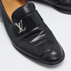 Pre Owned Louis Vuitton Black Leather Logo Slip On Loafers Size 42