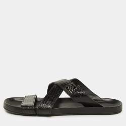 Louis Vuitton Black Lizard Leather Criss Cross Flat Sandals 43.5