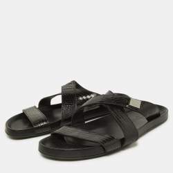 Louis Vuitton Black Lizard Leather Criss Cross Flat Sandals 43.5