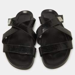 Louis Vuitton Black Lizard Leather Criss Cross Flat Sandals 43.5