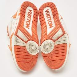 Pre Owned Louis Vuitton Orange Monogram Denim and Leather LV Trainer Sneakers Size 42.5