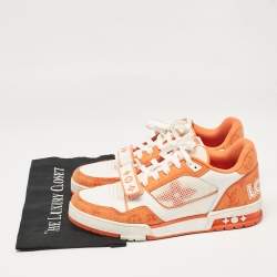 Pre Owned Louis Vuitton Orange Monogram Denim and Leather LV Trainer Sneakers Size 42.5