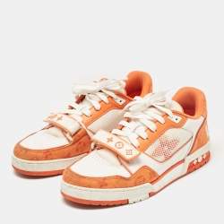 Pre Owned Louis Vuitton Orange Monogram Denim and Leather LV Trainer Sneakers Size 42.5