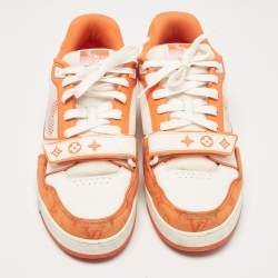 Pre Owned Louis Vuitton Orange Monogram Denim and Leather LV Trainer Sneakers Size 42.5