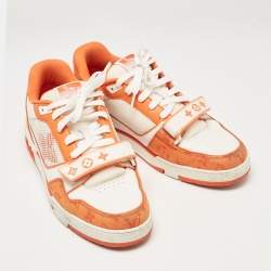 Pre Owned Louis Vuitton Orange Monogram Denim and Leather LV Trainer Sneakers Size 42.5