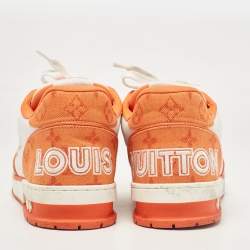 Pre Owned Louis Vuitton Orange Monogram Denim and Leather LV Trainer Sneakers Size 42.5