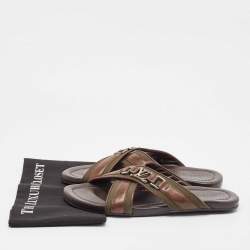 Louis Vuitton Brown/Green Leather and Canvas Flat Slides Size 42.5