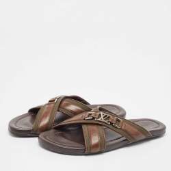 Louis Vuitton Brown/Green Leather and Canvas Flat Slides Size 42.5