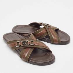 Louis Vuitton Brown/Green Leather and Canvas Flat Slides Size 42.5