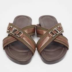 Louis Vuitton Brown/Green Leather and Canvas Flat Slides Size 42.5