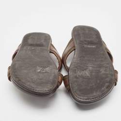 Louis Vuitton Brown/Green Leather and Canvas Flat Slides Size 42.5