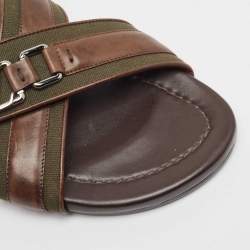 Louis Vuitton Brown/Green Leather and Canvas Flat Slides Size 42.5