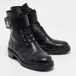 Pre Owned Louis Vuitton Black Leather Wonderland Flat Ranger Combat Boots 41